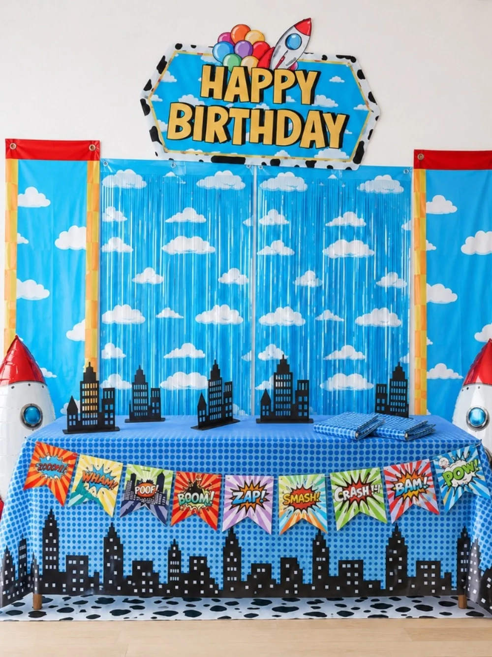 Toy Cartoon Superhero Birthday Decor 4-Set Bundle Backdrops Boxes New